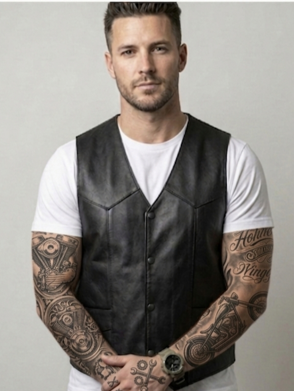 Men's Genuine Heavy Leather Vest Black Sz 42 V-Neck Conceal & Carry Pockets